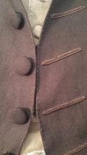 Load image into Gallery viewer, Closeup of a Colonial frock coat front opening and buttons from a Georgian frock coat made with our RH803 sewing pattern