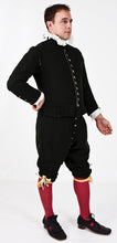 Load image into Gallery viewer, Bob models the Elizabethan common man's doublet & breeches made from our sewing pattern RH207