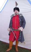 Load image into Gallery viewer, A model shows the 17th century Polish coat or Zupan made with our sewing pattern RH401
