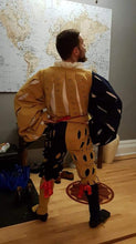 Load image into Gallery viewer, A model shows the 16th century German outfit made with our sewing pattern RH502, Landsknecht Wams & Hosen (rear view)