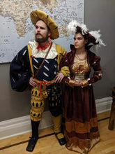 Load image into Gallery viewer, A model shows the 16th century German outfit made with our sewing pattern RH502, Landsknecht Wams & Hosen