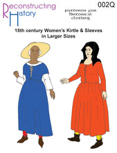Load image into Gallery viewer, Front cover of our sewing pattern RH002Q, 15th century women's kirtle & sleeves in larger sizes