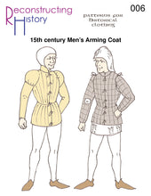 Load image into Gallery viewer, Front cover for our sewing pattern RH006, which makes a 15th century men's arming coat or padded jack