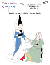Load image into Gallery viewer, Front cover for our sewing pattern RH007, which helps you make a 15th century Burgundian v-neck gown