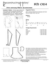 Load image into Gallery viewer, Back cover for our sewing pattern RH024, which makes men's 14th century accessories like shirts, chausses, caps, and braies (underwear)