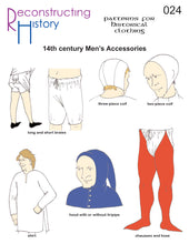 Load image into Gallery viewer, Front cover for our sewing pattern RH024, which makes men&#39;s 14th century accessories like shirts, chausses, caps, and braies (underwear)
