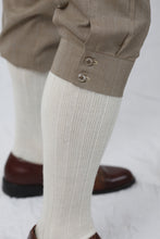 Load image into Gallery viewer, Detail of the knee closure on men's plus fours or knickerbockers as made by our sewing pattern