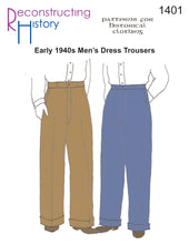 Load image into Gallery viewer, Front cover for our sewing pattern that makes Men's Trousers or pants from the early 20th century (the 1940s or WW2 era)