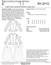 Load image into Gallery viewer, Back cover of our sewing pattern RH201, English Jacket & Petticote, which makes a late 16th / early 17th century women's outfit in plus sizes