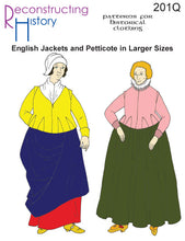 Load image into Gallery viewer, Front cover of our sewing pattern RH201, English Jacket &amp; Petticote, which makes a late 16th / early 17th century women&#39;s outfit - in plus sizes
