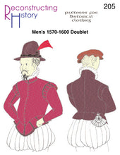 Load image into Gallery viewer, Front cover for sewing pattern RH205, which makes a 16th century Elizabethan man&#39;s doublet
