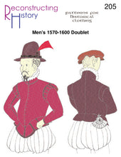 Load image into Gallery viewer, Front cover for sewing pattern RH205, which makes a 16th century Elizabethan man's doublet