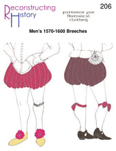 Load image into Gallery viewer, Front cover for our sewing pattern RH206, which helps you make fashionable Elizabethan men's breeches or pumpkin pants