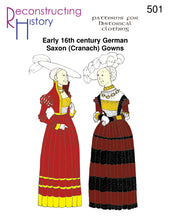Load image into Gallery viewer, Front cover for our sewing pattern that makes a 16th century German or Landsknecht dress: RH501 Saxon or Cranach Gown
