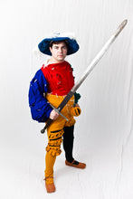 Load image into Gallery viewer, A model shows the 16th century German outfit made with our sewing pattern RH502, Landsknecht Wams & Hosen