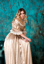Load image into Gallery viewer, A model shows a Golden Age of Pirate era gown made from our sewing pattern RH707 Bodiced Gown