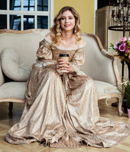 Load image into Gallery viewer, A model shows a Restoration era gown made from our sewing pattern RH707 Bodiced Gown