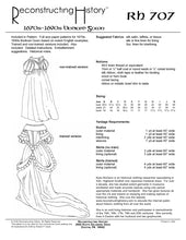 Load image into Gallery viewer, Back cover of our Restoration era sewing pattern, RH707 Ladies' Bodiced Gowns