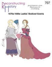 Load image into Gallery viewer, Front cover of our Restoration era sewing pattern, RH707 Ladies&#39; Bodiced Gowns
