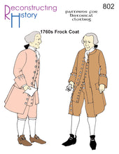 Load image into Gallery viewer, Front cover for our sewing pattern RH802, which helps you make an 18th century (Georgian) frock coat suitable for American War of Independence and French &amp; Indian War impressions
