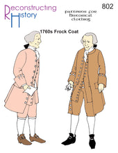 Load image into Gallery viewer, Front cover for our sewing pattern RH802, which helps you make an 18th century (Georgian) frock coat suitable for American War of Independence and French & Indian War impressions