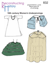 Load image into Gallery viewer, Front cover for our sewing pattern RH832, 18th century women's underpinnigs, which makes Georgian panniers (hoop pockets), shift, and petticoats