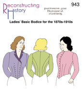 Load image into Gallery viewer, Front cover for our sewing pattern RH943, which helps you make a versatile Victorian ladies' basic bodice