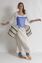 Load image into Gallery viewer, A model shows the Georgian panniers (hoop pockets), shift, and petticoat made with our sewing pattern RH832 18th century women's underpinnings