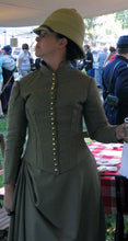 Load image into Gallery viewer, Kass models a Victorian outfit made with our sewing pattern RH943, ladies&#39; basic bodice
