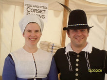 Load image into Gallery viewer, Kass models the head covering (wulsthaube) and partlet made with our sewing pattern RH505, 16th century German Accessories