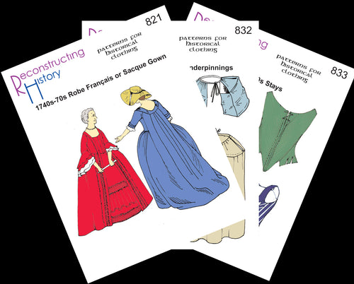 Image shows front covers of sewing patterns in Mid-18th Century Lady Package, including underwear, stays (corset), and choice of gown