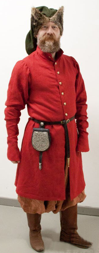 A model shows the 17th century Polish coat or Zupan made with our sewing pattern RH401