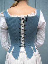 Load image into Gallery viewer, 18th century stays or corset as made by our sewing pattern as worn by a model. 
