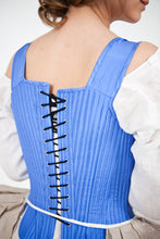 Load image into Gallery viewer, Back view of 18th century stays or corset as made from our sewing pattern worn by a model.

