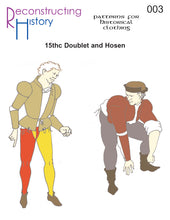 Load image into Gallery viewer, Front cover of our sewing pattern for medieval (15th century) men&#39;s doublet &amp; hosen
