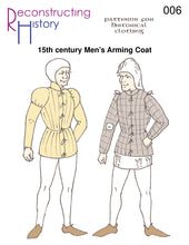 Load image into Gallery viewer, Front cover for our sewing pattern RH006, which makes a 15th century men&#39;s arming coat or padded jack
