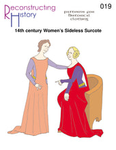 Load image into Gallery viewer, Front cover for our sewing pattern RH019, which helps you make a 14th century women&#39;s sideless surcote

