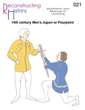 Load image into Gallery viewer, Front cover of our sewing pattern RH021, which helps you make a men&#39;s 14th century jupon or pourpoint 
