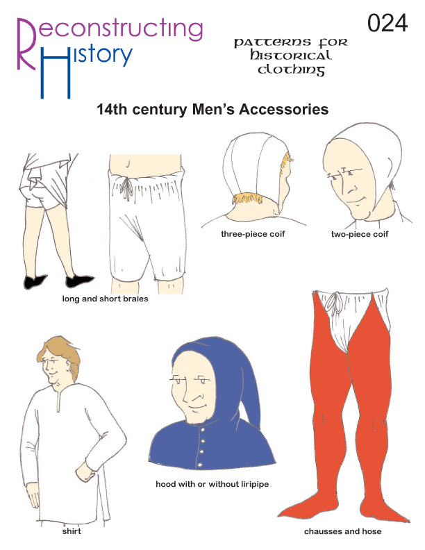 Front cover for our sewing pattern RH024, which makes men's 14th century accessories like shirts, chausses, caps, and braies (underwear)
