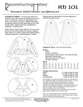 Load image into Gallery viewer, Back cover of our sewing pattern RH101, which helps you make a 17th century woman&#39;s bodice or jacket and petticote as worn by European women from nobles to Pilgrims
