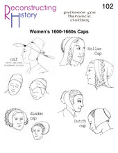 Load image into Gallery viewer, Front cover for our sewing pattern RH102, 17th century ladies&#39; caps ca 1600-1660
