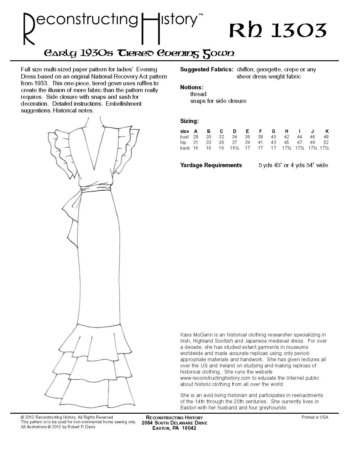 RH1303 — 1930s Evening Gown sewing pattern – Reconstructing History
