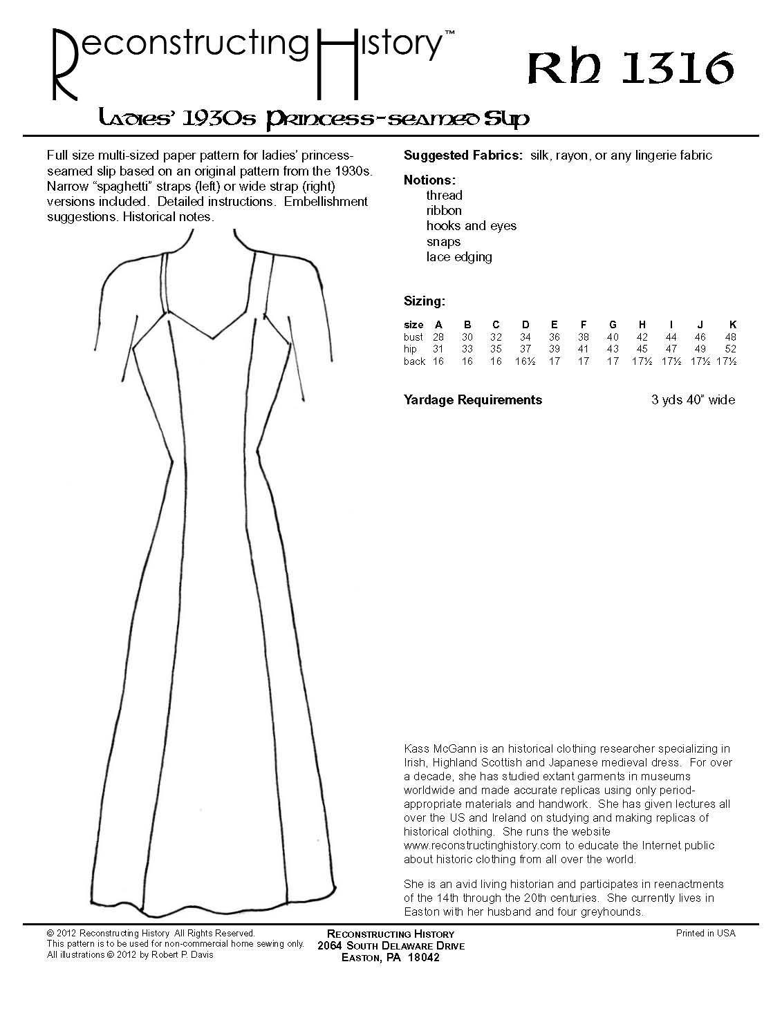 RH1316 — 1930s Princess Slip sewing pattern – Reconstructing History