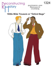 Load image into Gallery viewer, Front cover of our sewing pattern for 1930s men&#39;s wide trousers or Oxford bags.
