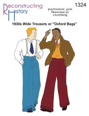 Front cover of our sewing pattern for 1930s men's wide trousers or Oxford bags.
