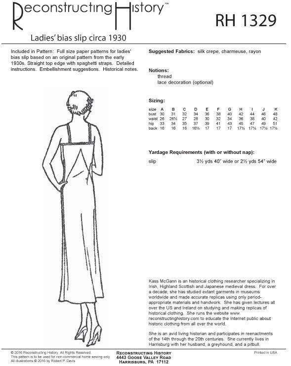 1930s bias cut dress pattern RH1329  1930s Bias-cut Slip sewing pattern  Reconstructing History