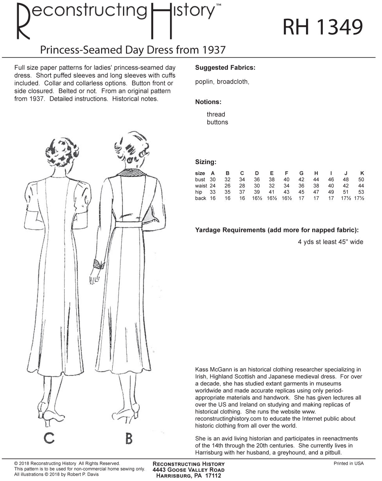 RH1349 — 1937 Princess-seamed Day Dress sewing pattern – Reconstructing  History