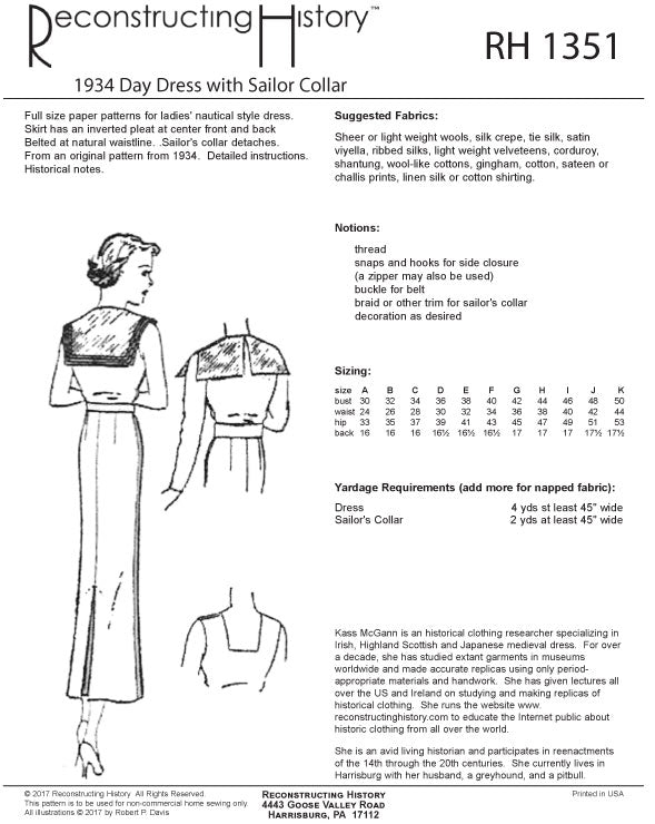 RH1351 — 1934 Day Dress with Sailor Collar sewing pattern