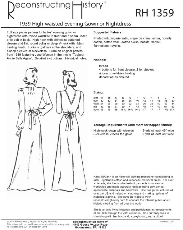 RH1359 Early 1930s Glam Evening Gown or Nightdress sewing pattern Reconstructing History RH1359 Early 1930s Glam Evening Gown or Nightdress sewing pattern Reconstructing History