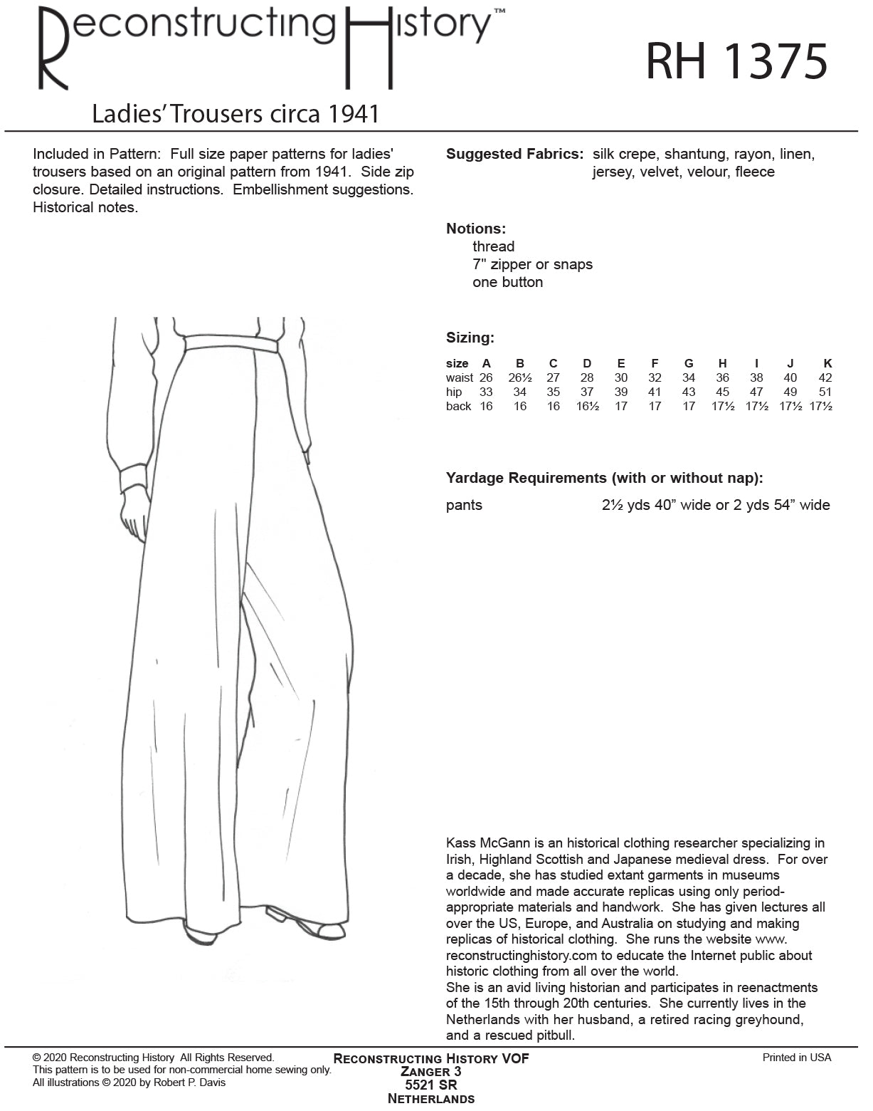 RH1375 — 1930s-1940s Ladies' Trousers sewing pattern – Reconstructing  History